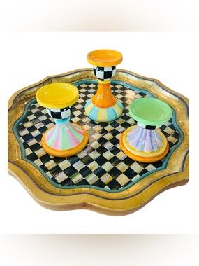 MacKenzie-Childs Trick or Treat Candle Holders Set of 3 Courtly Check